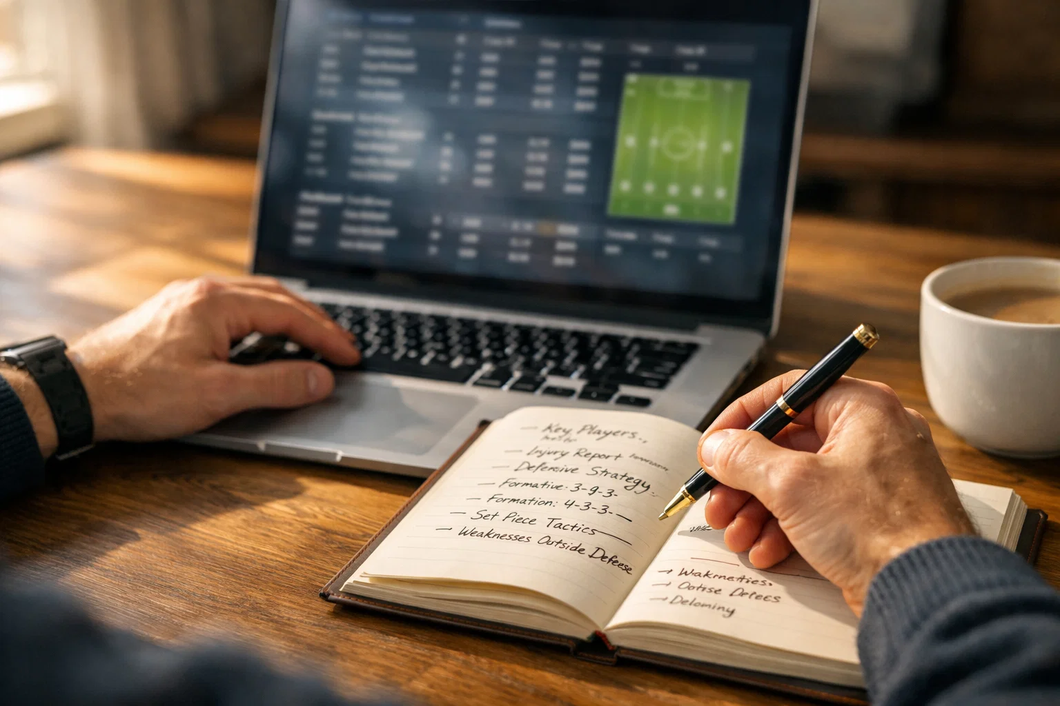 Person analysiert Fußballstatistiken auf Laptop mit Notizblock und Stift daneben