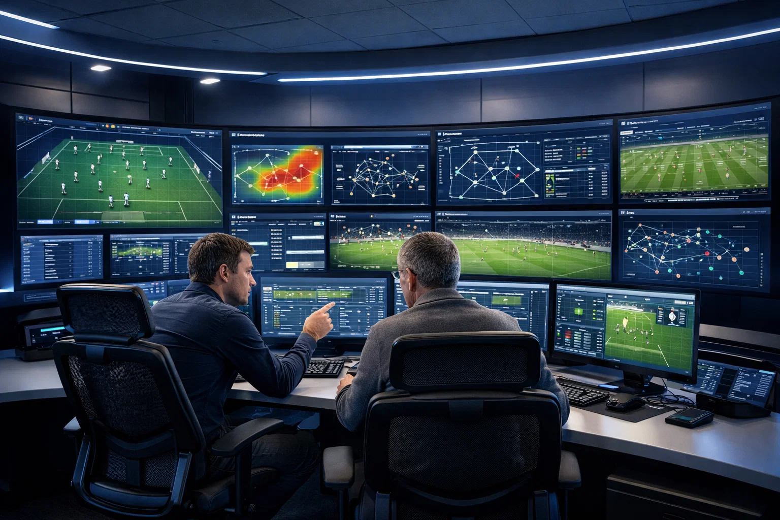 Fortschrittliche Sportanalytik-Umgebung mit modernen Monitoren und Echtzeit-Tracking-Visualisierungen