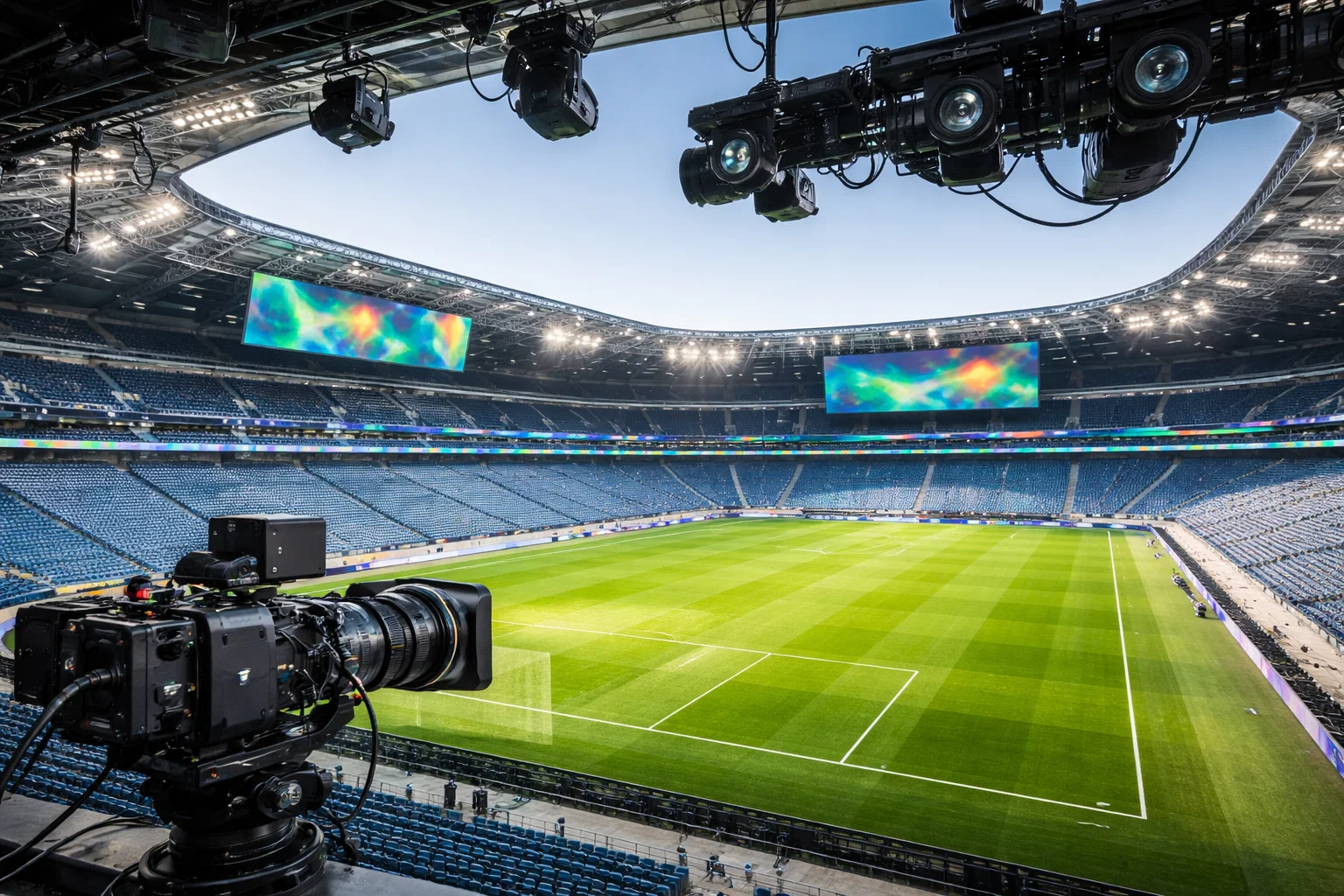 Modernes Fußballstadion mit sichtbaren Tracking-Kameras und Datenvisualisierung auf den Anzeigetafeln