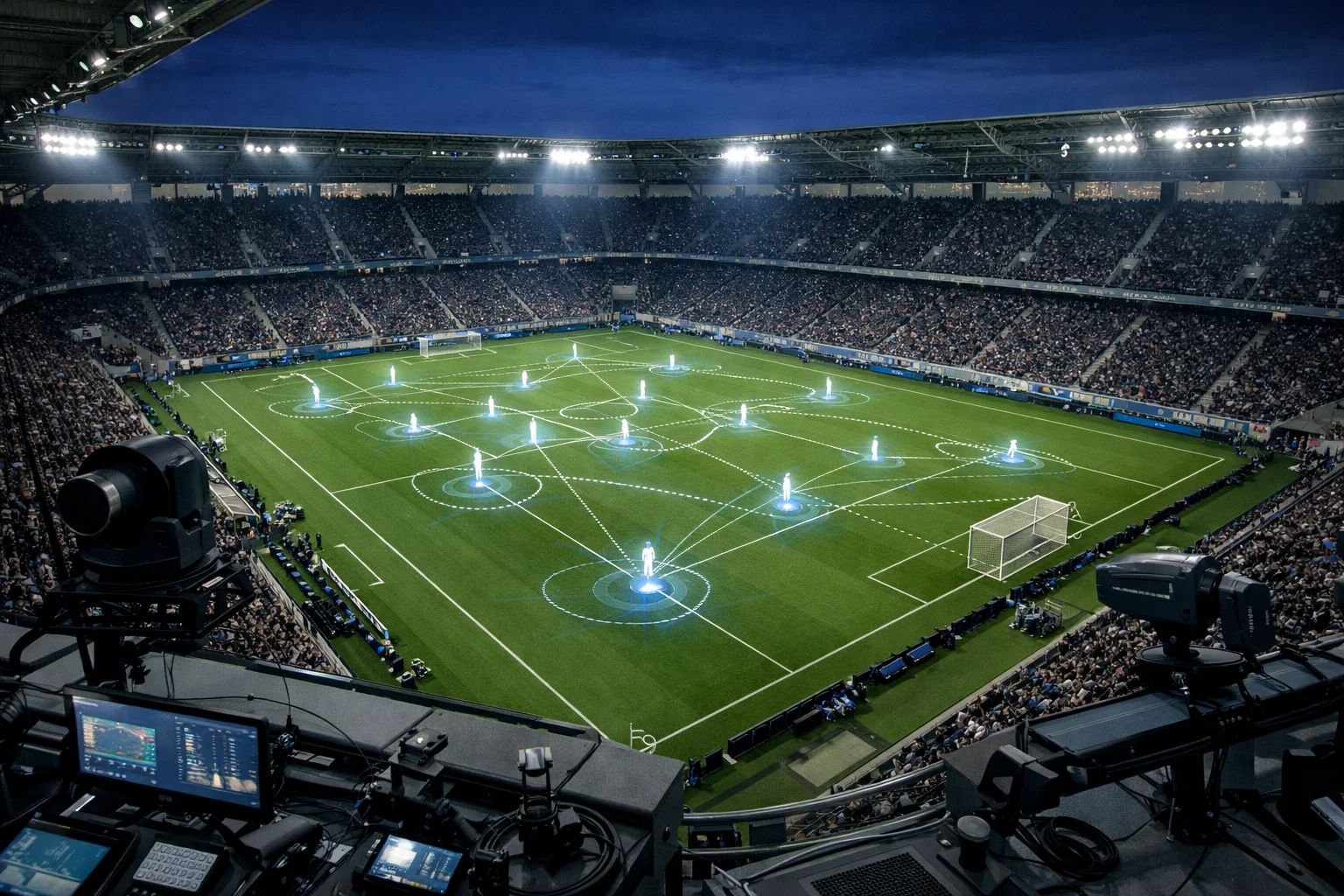 Moderne Sporttechnologie mit Tracking-Kameras und Datenvisualisierung in einem Stadion